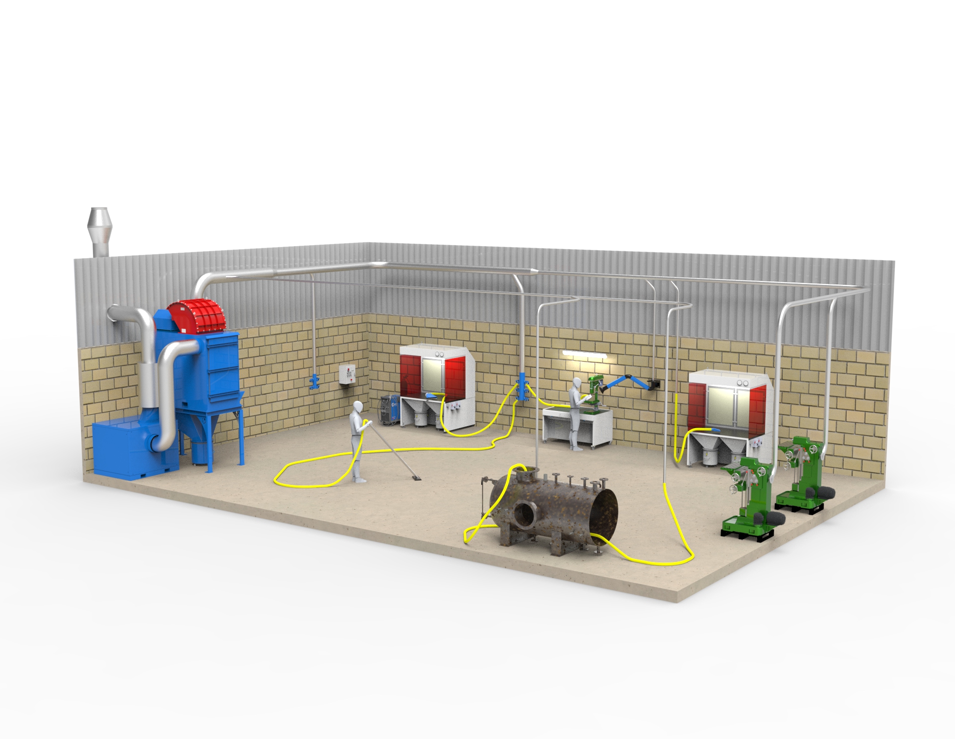 High Vacuum extraction system showing the use of hoses connecting to benches and extraction arms, with the reverse jet unit as the centralised extraction unit