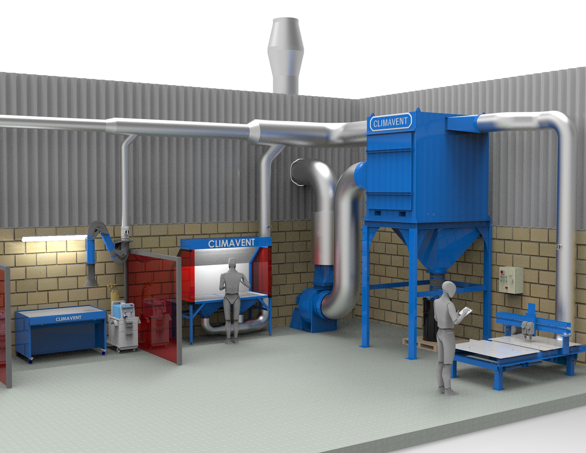 Turnkey welding fume extraction system showing the use of extraction arms and down draught benches which then duct to a centralised extraction system.