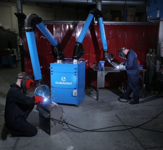 Mobile Welding Fume Extraction Double Arm Unit enabling two workers to have fume extraction at any one time.