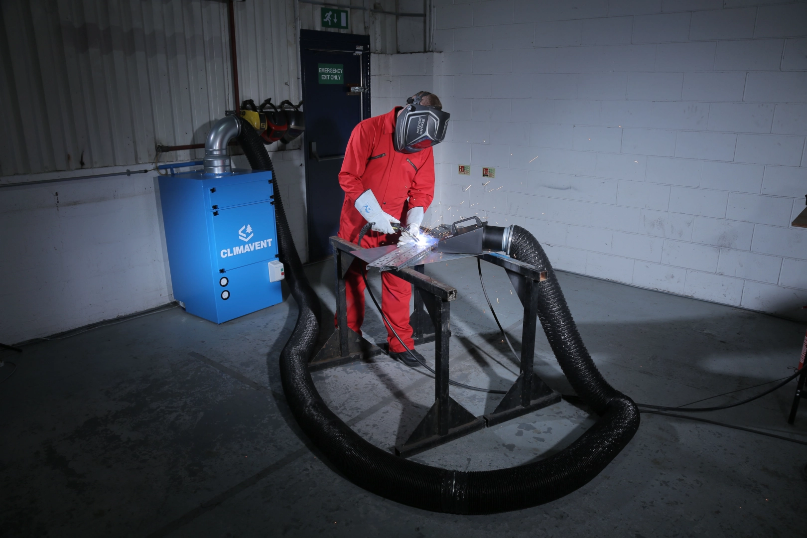 Mobile Welding Fume Extraction Unit with Hose Connection and a bespoke nozzle allows flexibility when moving the unit around to suit production.