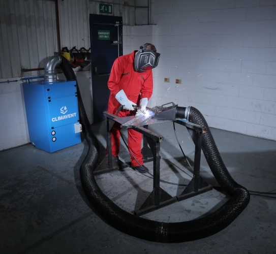 Mobile Welding Fume Extraction Unit with Hose Connection and a bespoke nozzle allows flexibility when moving the unit around to suit production.