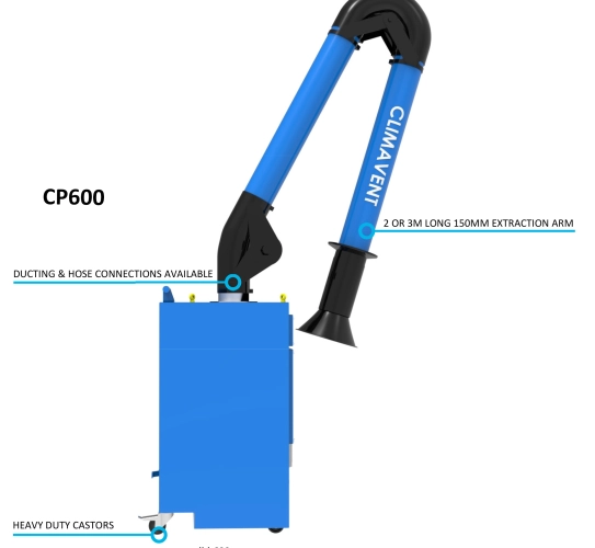 CP600 Mobile Solvent Fume Extraction with a single arm identifying the arm lengths available.