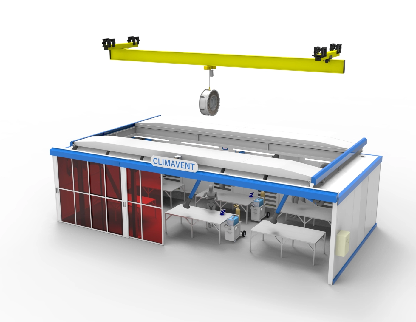 Dust control booth with double powered door for bespoke access requirements.