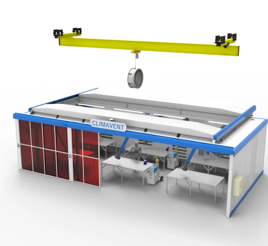 Dust control booth with double powered door for bespoke access requirements.