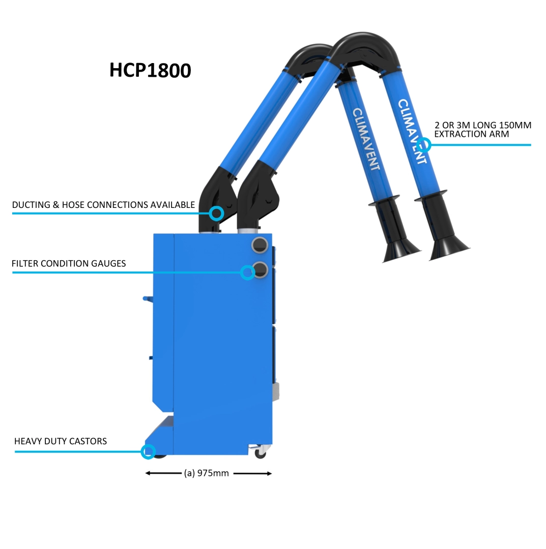 Mobile Solvent Fume Extraction Units showing a Double Arm which can be manoeuvred to allow two workers to use the unit at the same time