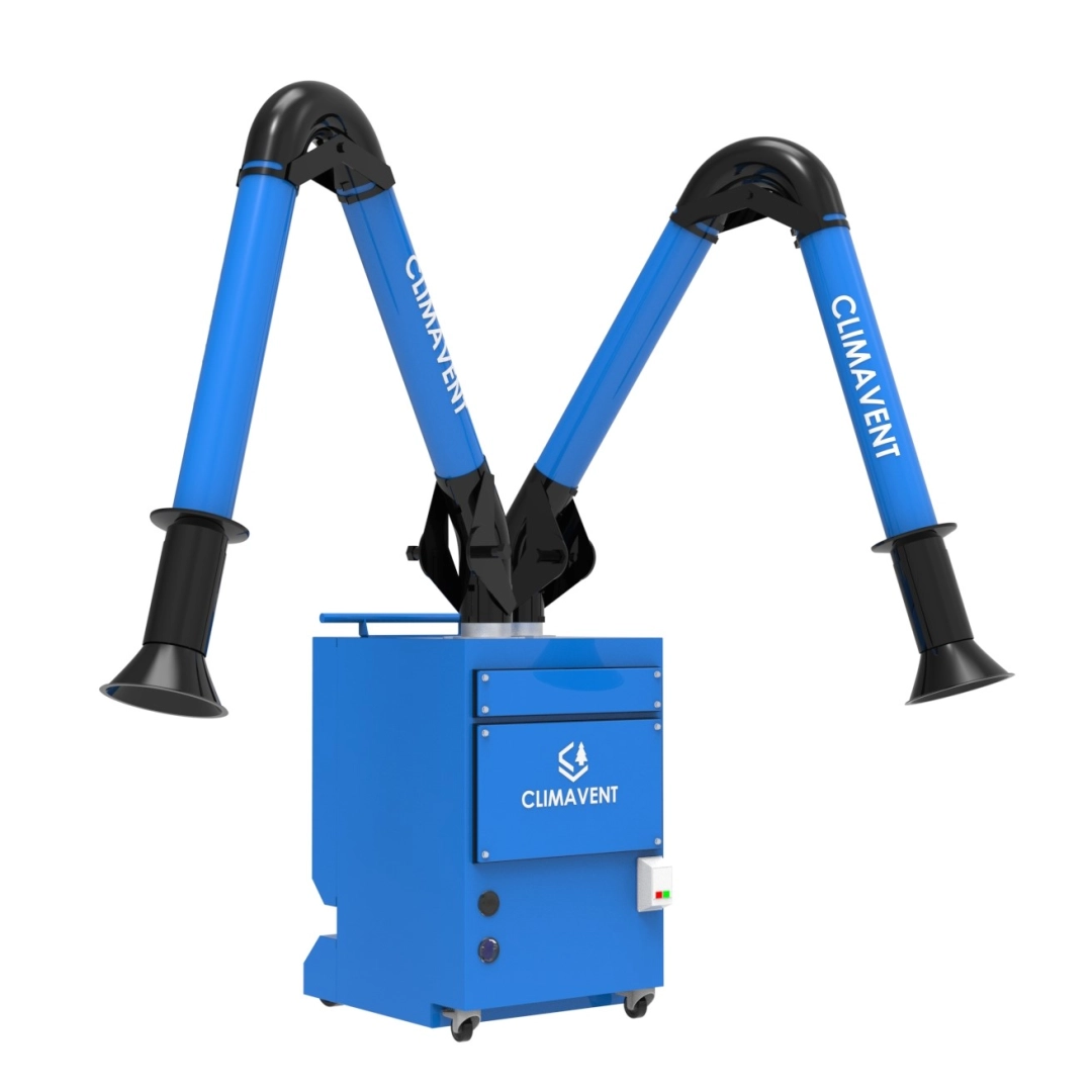 Mobile Welding Fume Extraction Double Arm Unit shows the flexibility enabled with two extraction arms so that they can be used at the same time