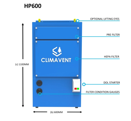 Mobile Fume Extraction Unit detailing Dimensions