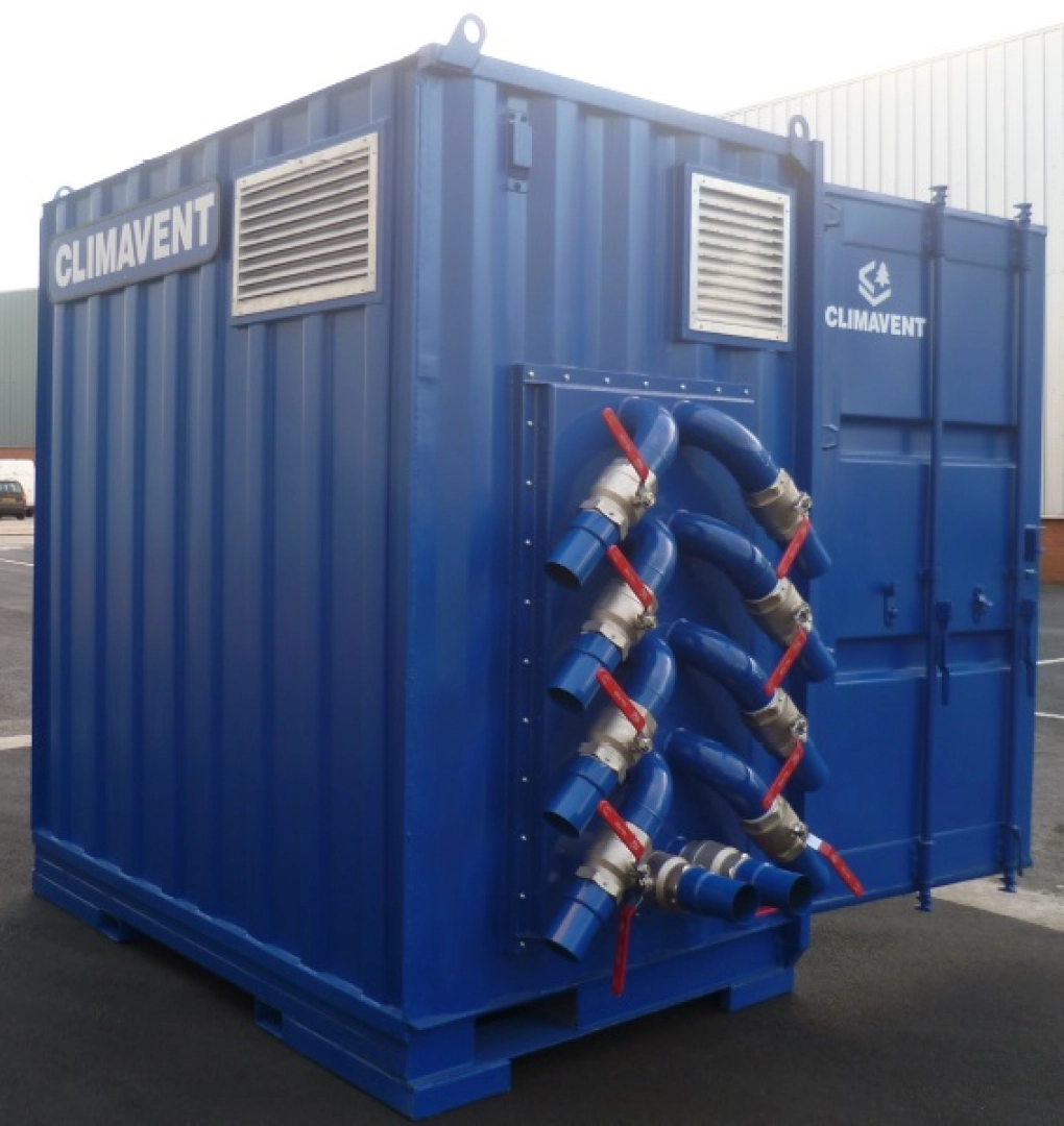 HPV Confined Space Ventilation Units for the shipbuilding industry showing the self sealing hose connection points where up to 20mtrs of hose can be connected