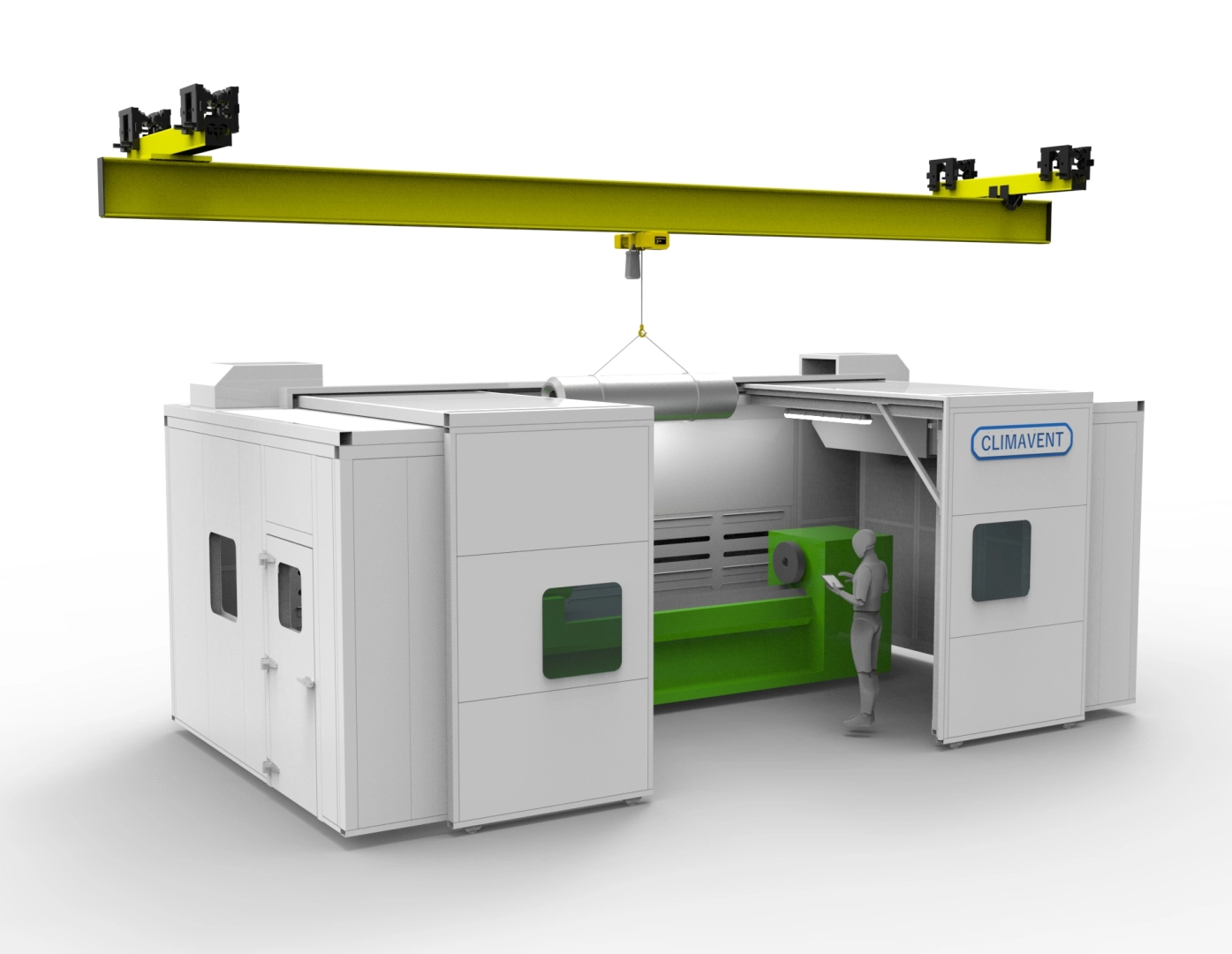 Powered Access Door sound attenuated booth for dust and fume control where access from above is required through the sliding roof