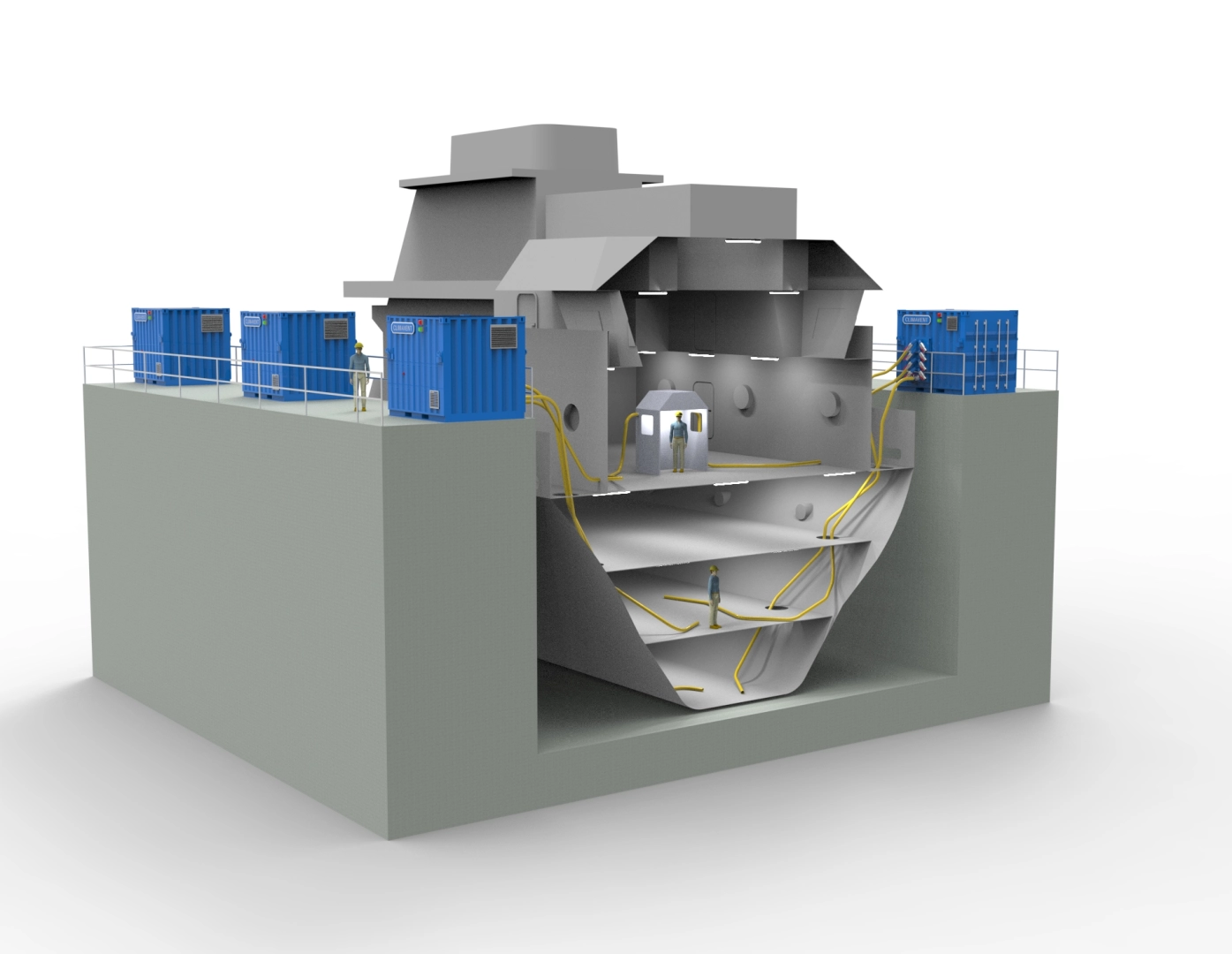 DH2000 Ship Section showing how the hose is able to reach from the high vacuum extraction units down to below sea level where extraction and ventilation is most required.