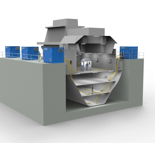 DH2000 Ship Section showing how the hose is able to reach from the high vacuum extraction units down to below sea level where extraction and ventilation is most required.